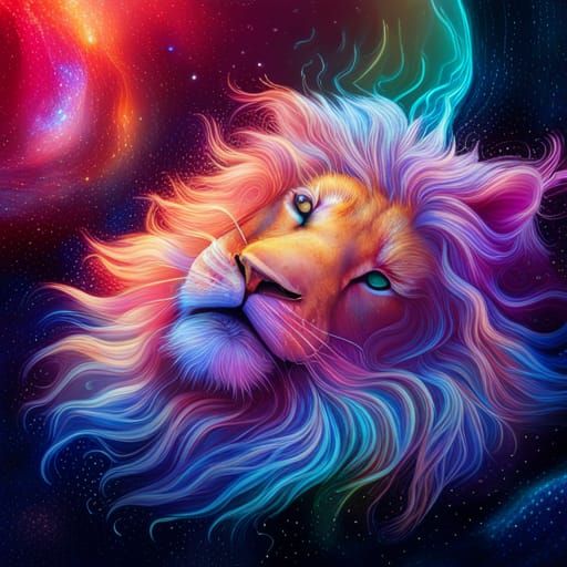 Holographic Cosmic Lion in Astral Illustration Style