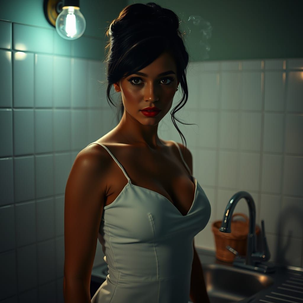 Elegant Woman in Vintage Kitchen with Film Noir Lighting