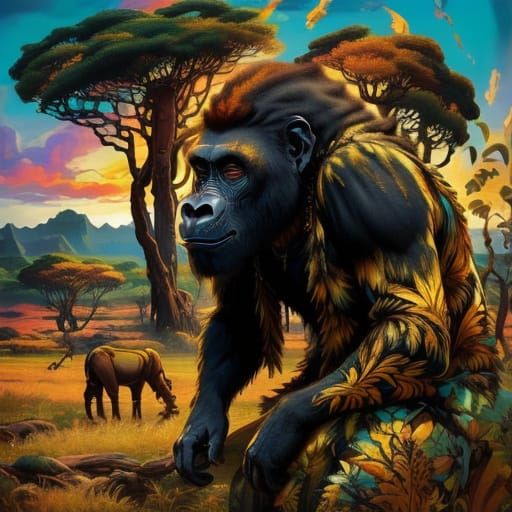 Surreal Gorilla in African Landscape with Tribal Patterns