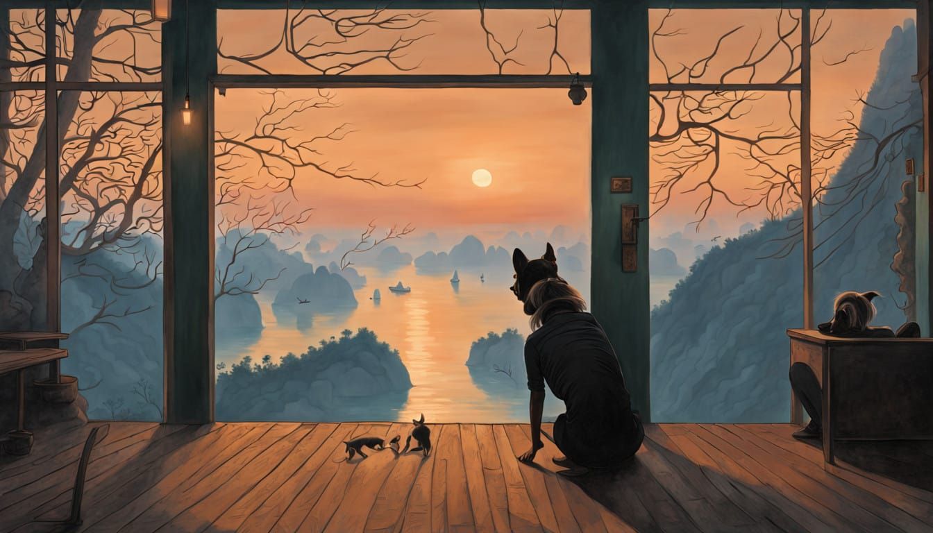 Woman Seated in Enchanted Ha Long Bay Twilight Scene