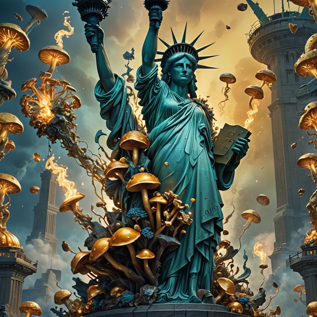 Statue of Liberty Transformed by Glowing Mushrooms