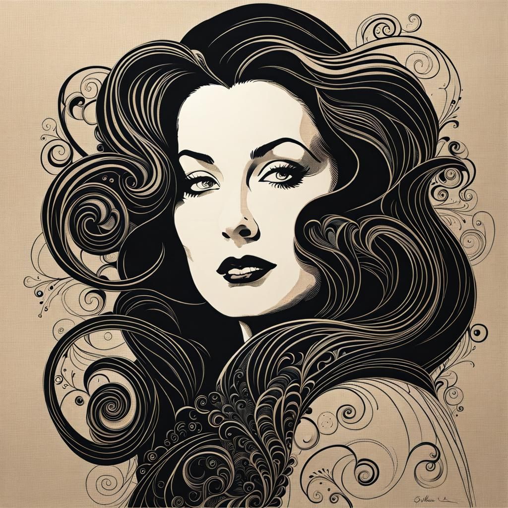 Elegant Ink Portrait with Art Nouveau Details