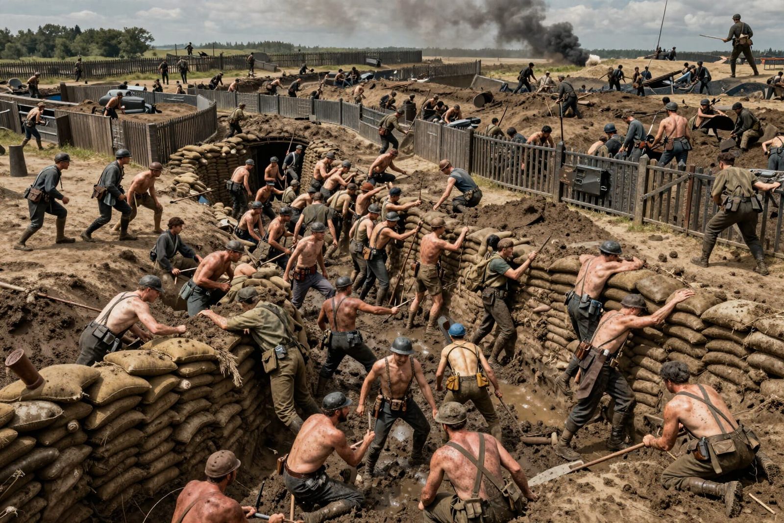 WW1 Trench Warfare Chaos in Dramatic, High-Contrast Style