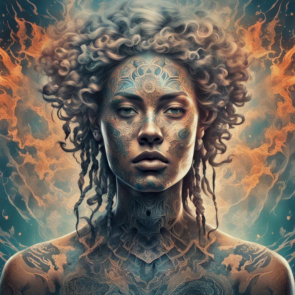 Goddess with Body Tattoos: Digital Double Exposure Art