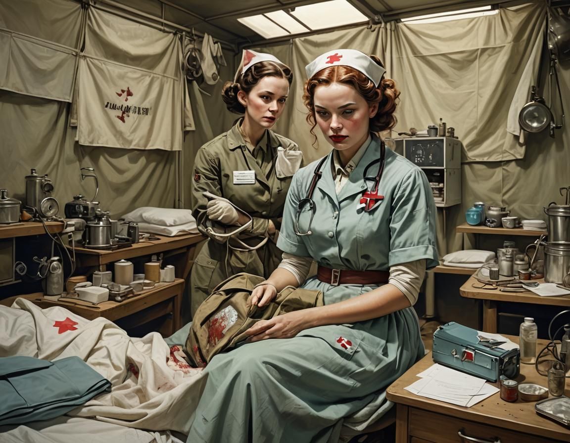 WWII Nurse in Field Hospital, Vintage Pin-Up Art