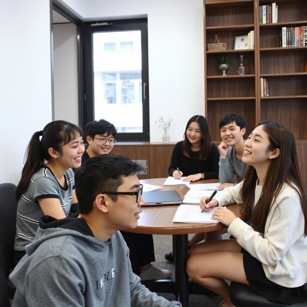 Young Korean University Students Studying and Laughing Toget...