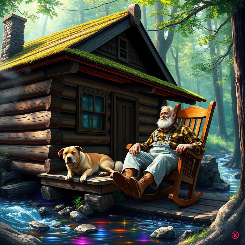 Serene Log Cabin Scene in Visionary Style