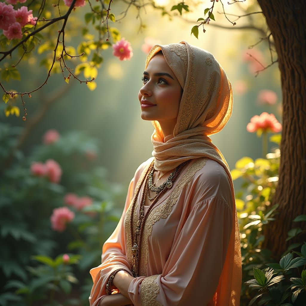 Islamic Paradise: Serene Woman in Golden Light