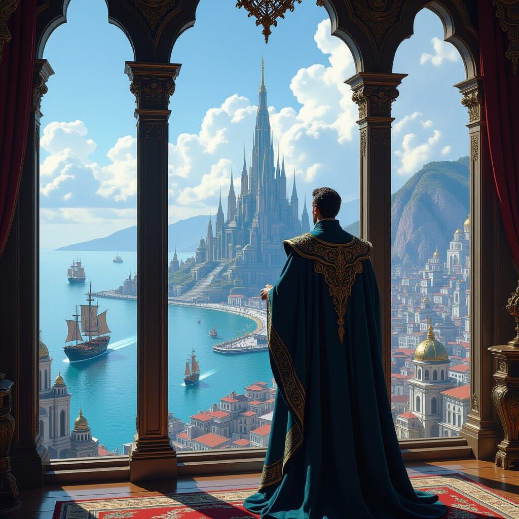 Atlantis Leader Gazes Over Metropolis in Fantasy Art Style