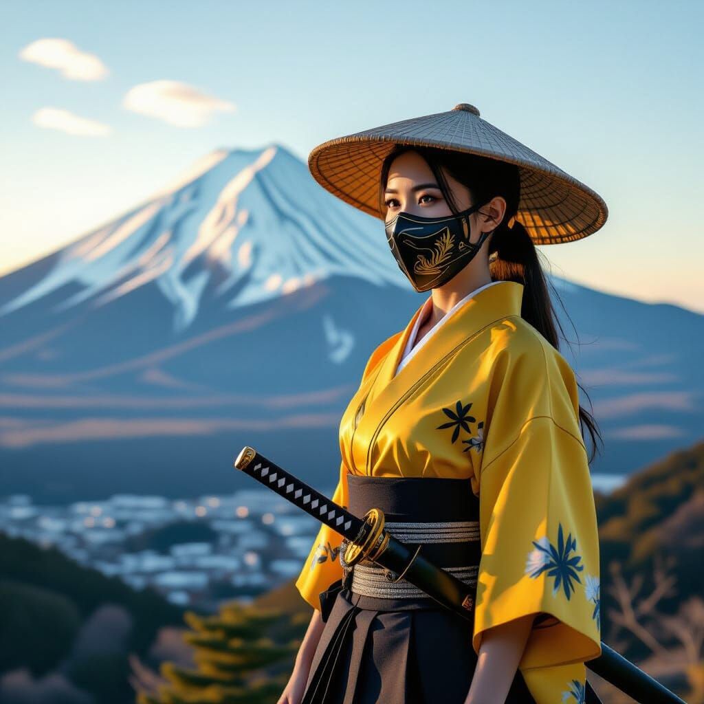 Samurai Woman Gazes at Snow Mountain at Golden Hour