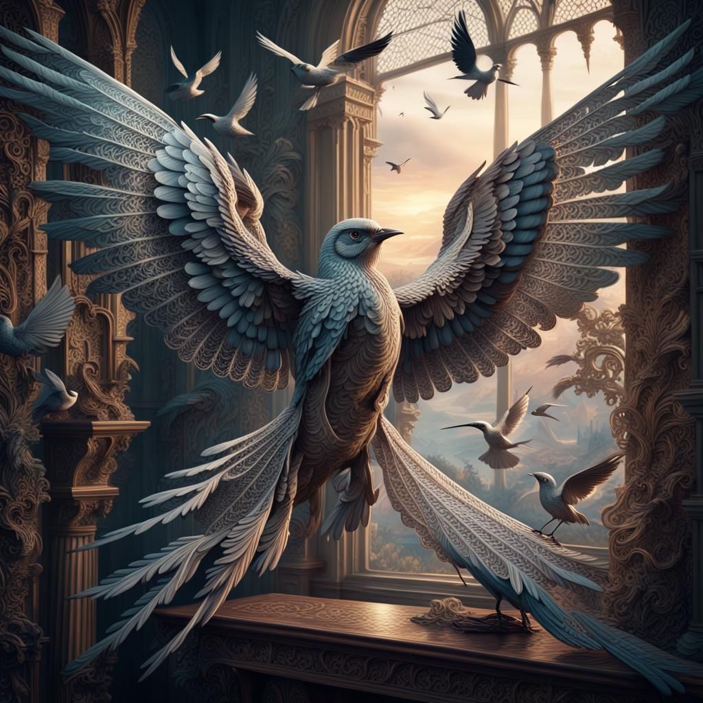 Intricate Lacewing Birds: A Digital Matte Painting