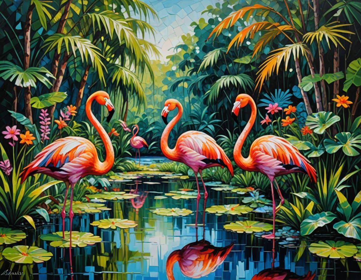 Abstract Flamingos in Paradise Pool, Impasto Oil Painting