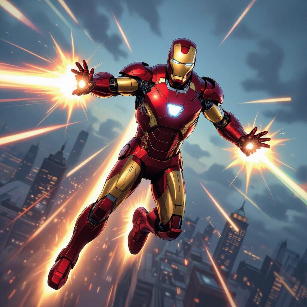 Iron Man Soaring Through Cityscape in Comic Book Style
