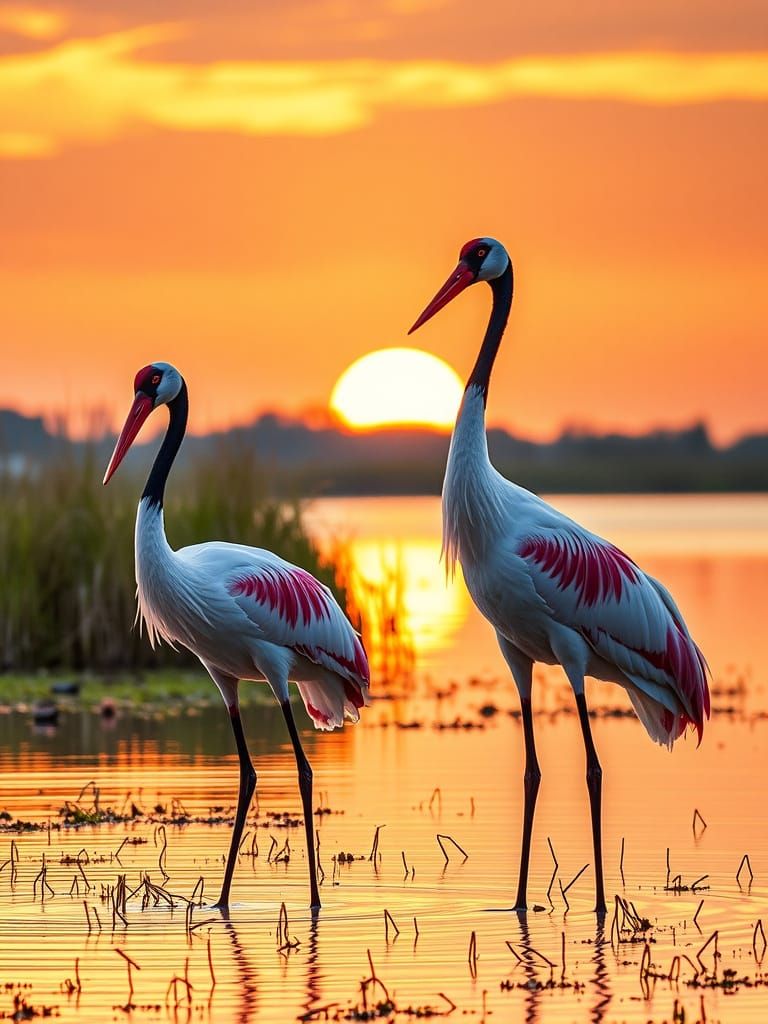 Elegant Cranes at Sunset, Photographic Style