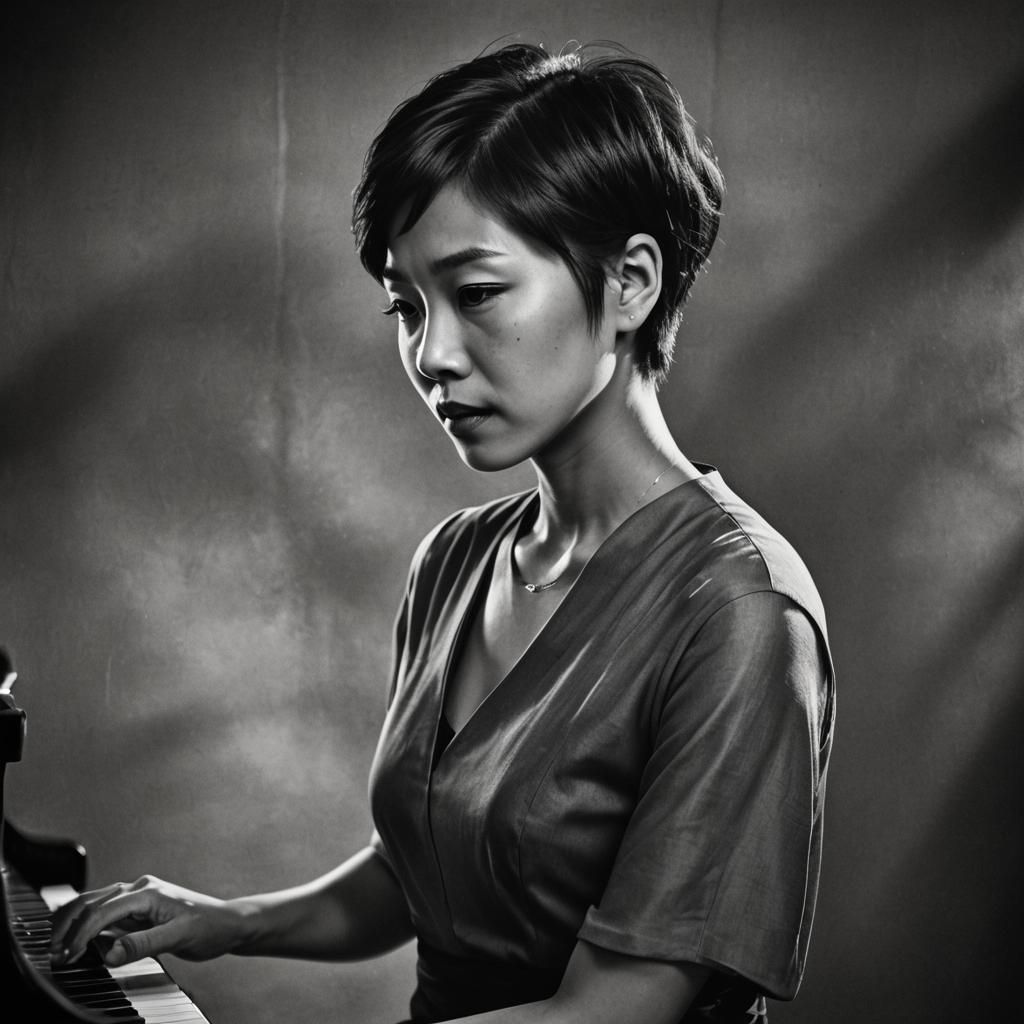 Monochrome Portrait of a Woman Playing Piano
