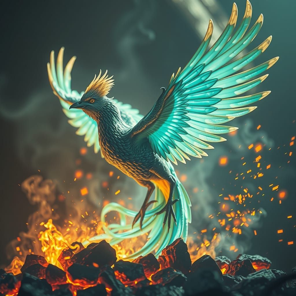 Teal Phoenix Rising: A Surreal Biomechanical Vision