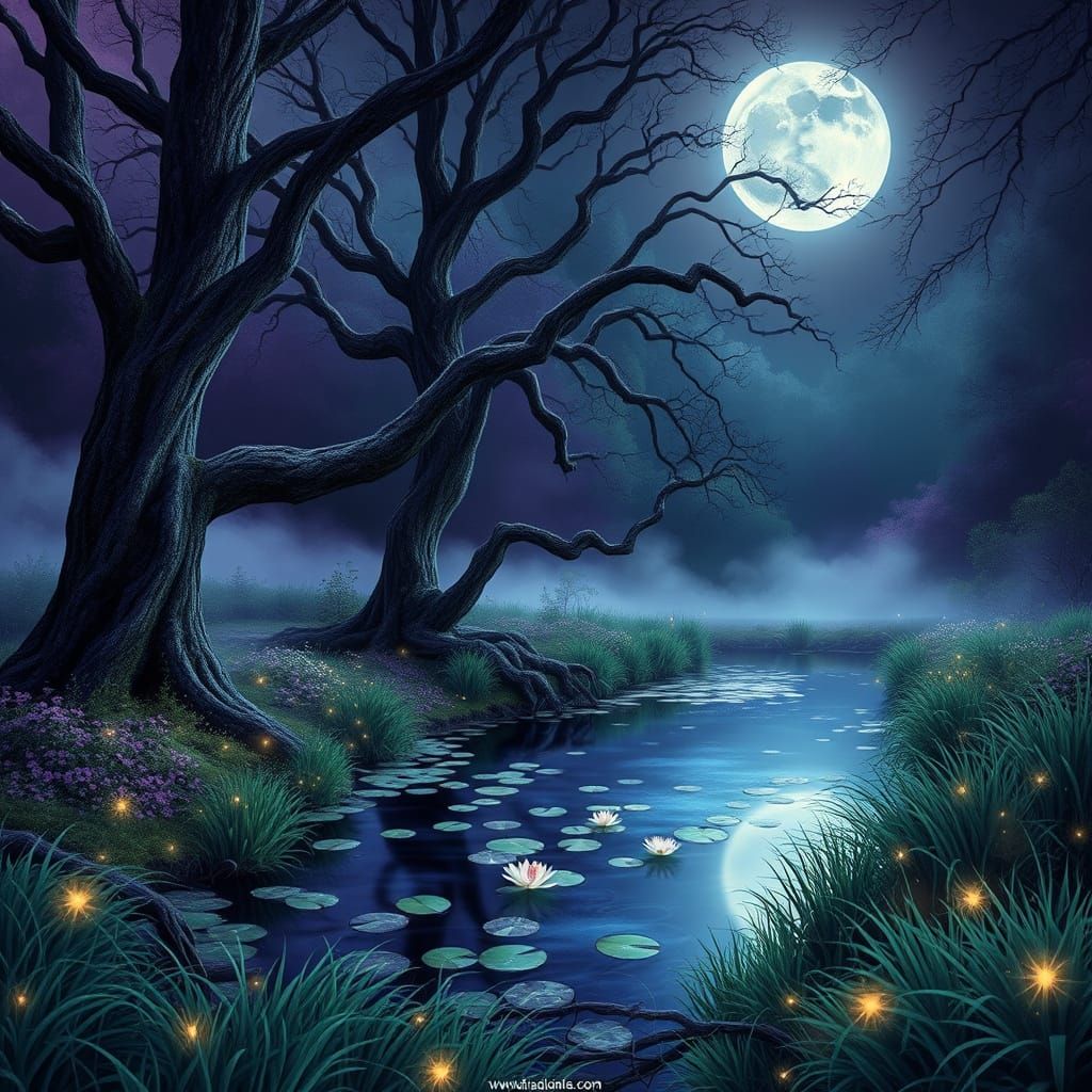 Mystical English Garden Under Full Moon