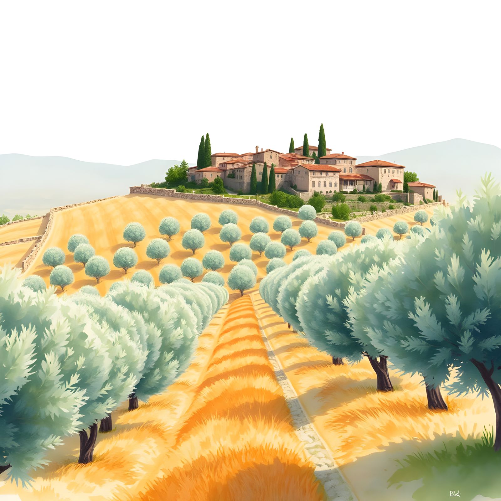 Tuscan Olive Groves: Watercolour Painting of Montefioralle