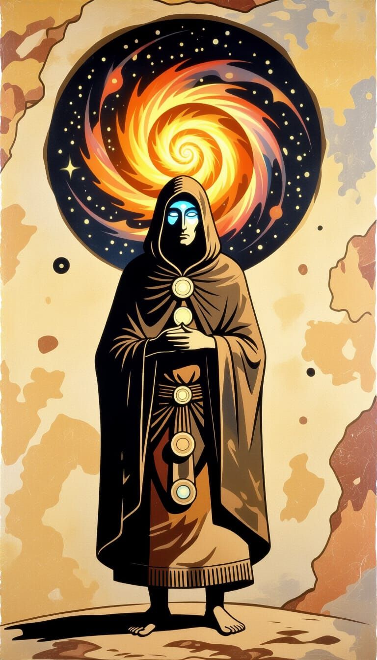 Prehistoric Cave Art: Cosmic Figure with Galaxy Face