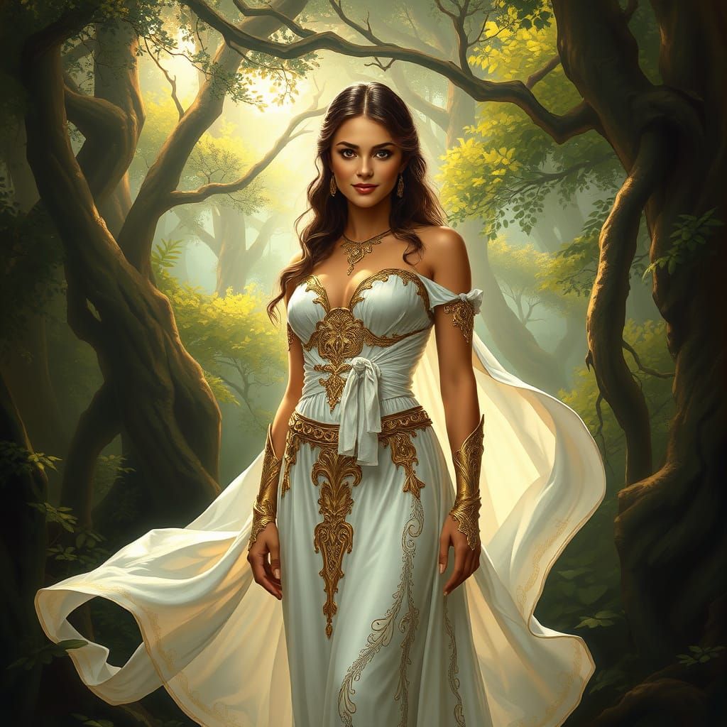 Woman in Flowing Dress in Fantasy Forest