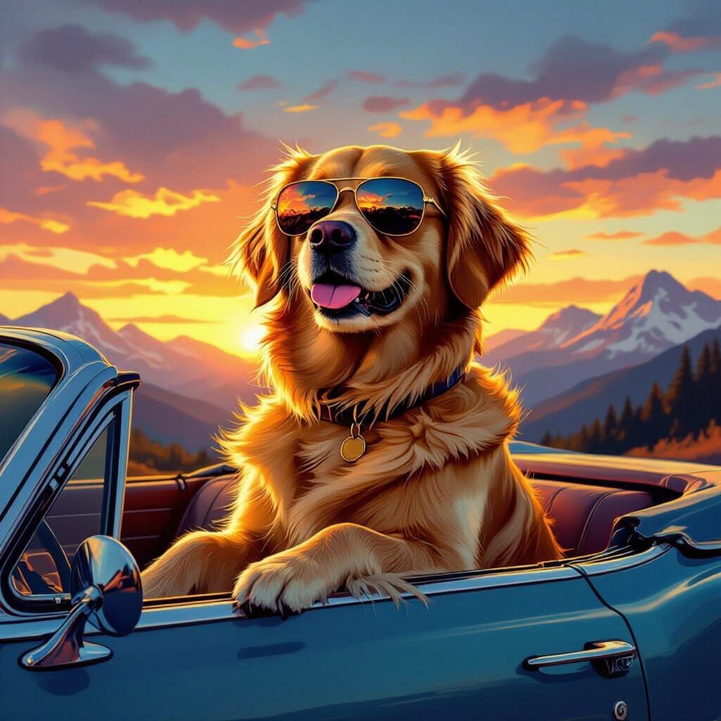 Golden Retriever in Vintage Car at Sunset