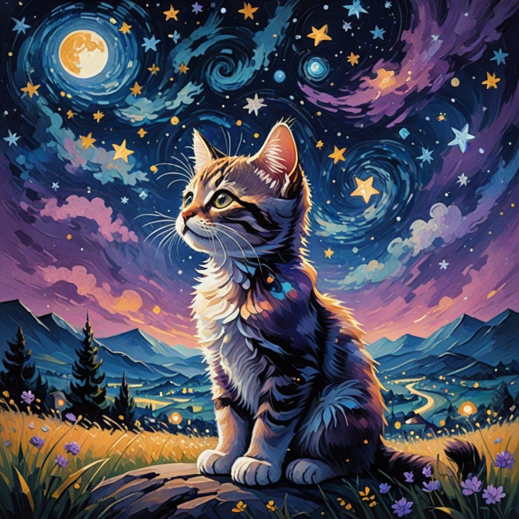 Whimsical Kitten Under Starry Night Sky