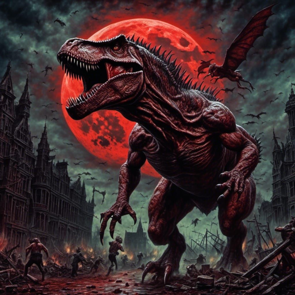 Zombie T-Rex Roaring Under Red Moon