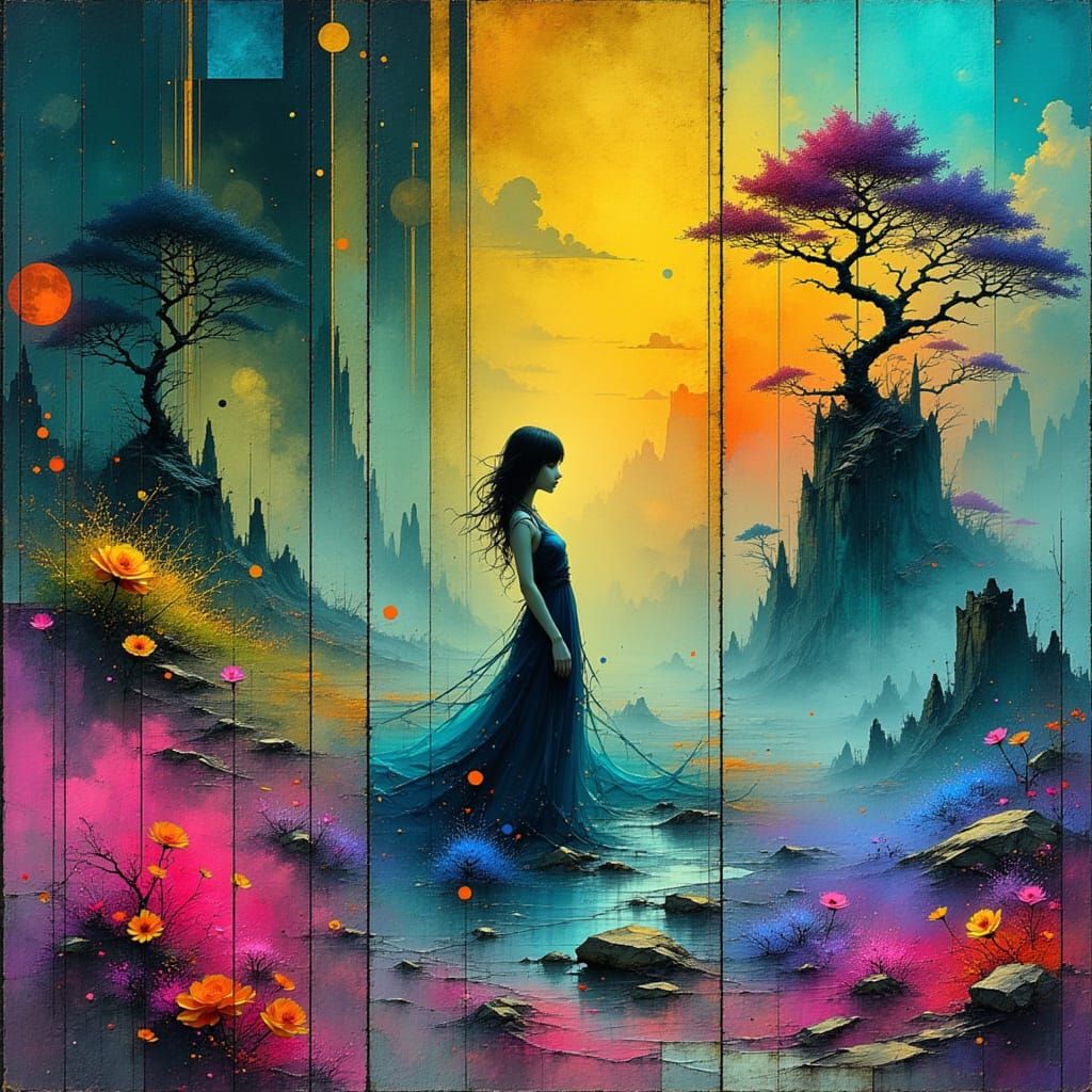 Dreamlike Woman in Surreal Landscape, Digital Painting