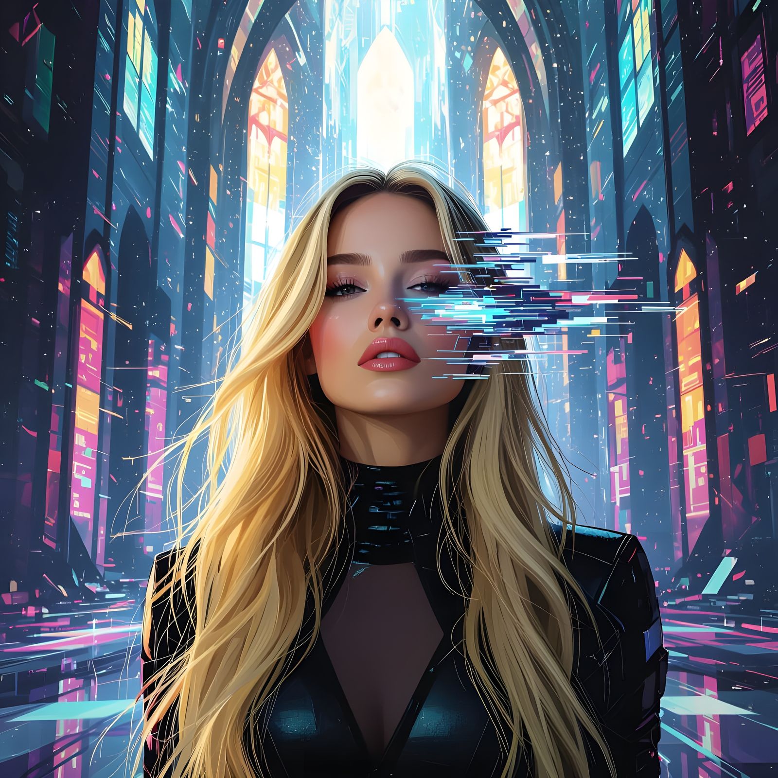 Woman in Futuristic Cathedral with Glitch Art Effects