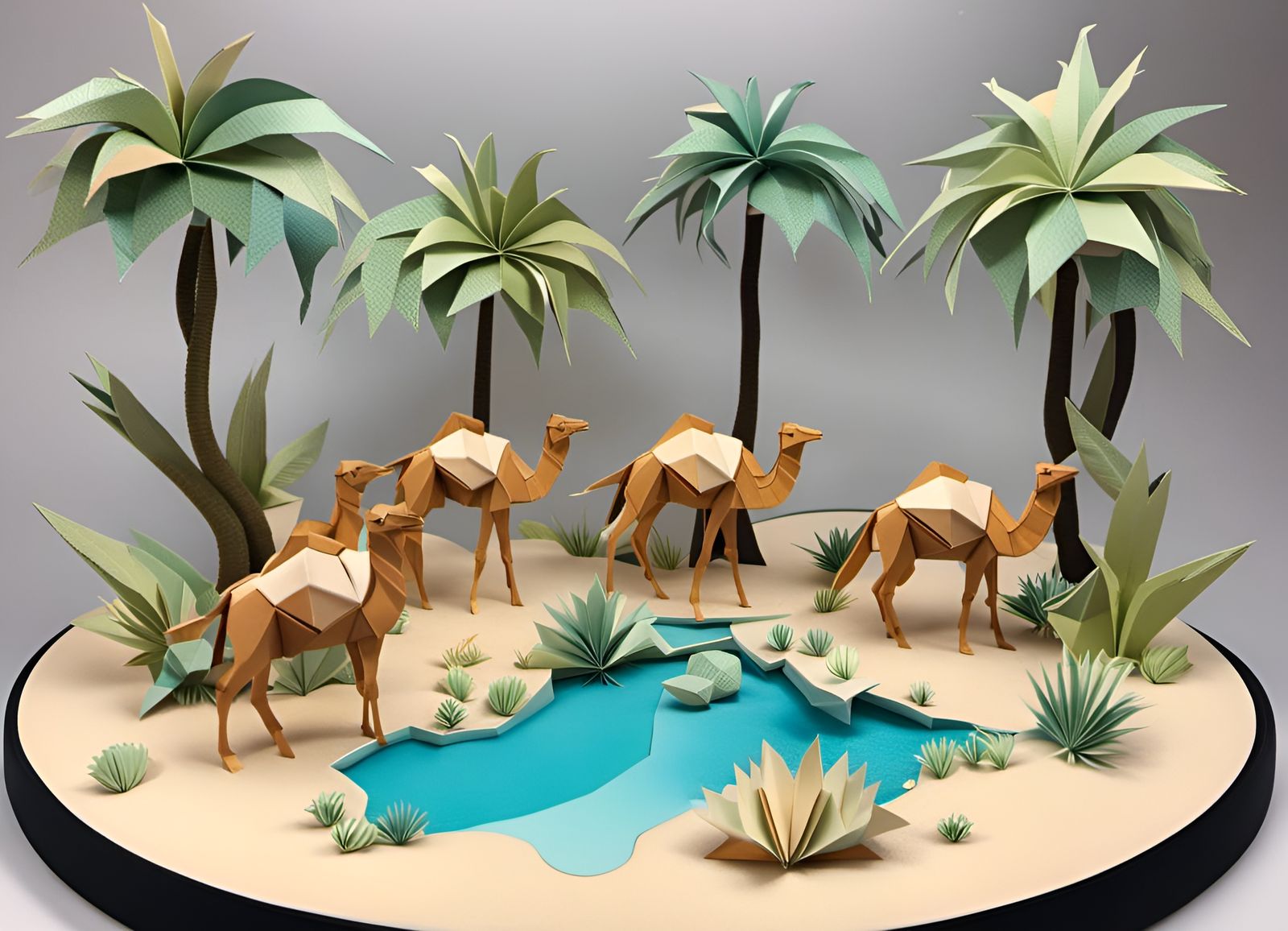 An Origami herd of Camels in the desert.