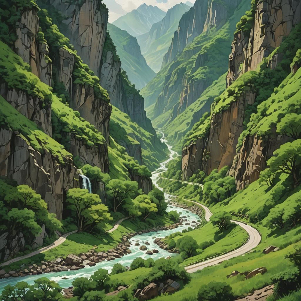 Winding Road Through Mountain Pass with Waterfall