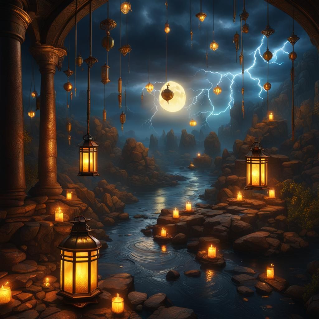 Stained Glass River Scene with Stormy Weather