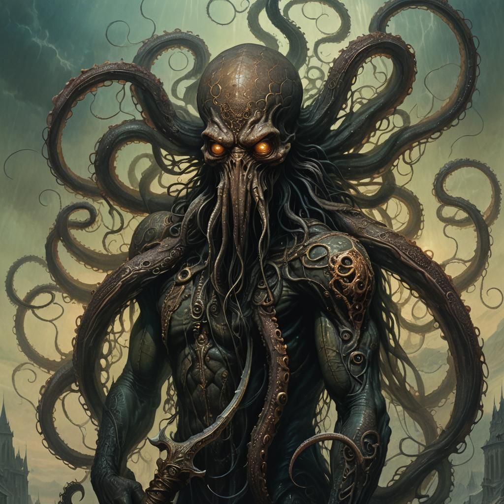 Half-Human Octopus with Trident in Beksiński Style