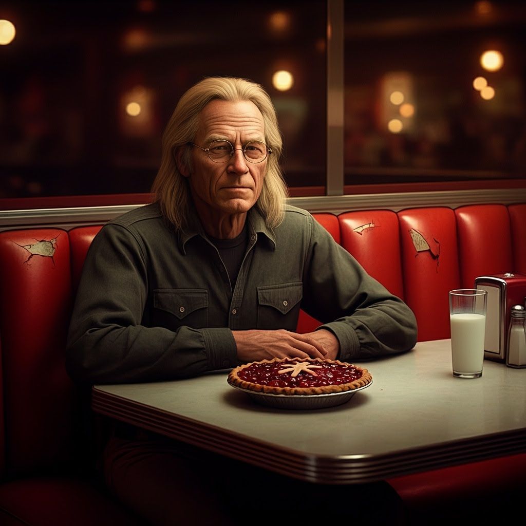 Man in Vintage Diner with Cherry Pie