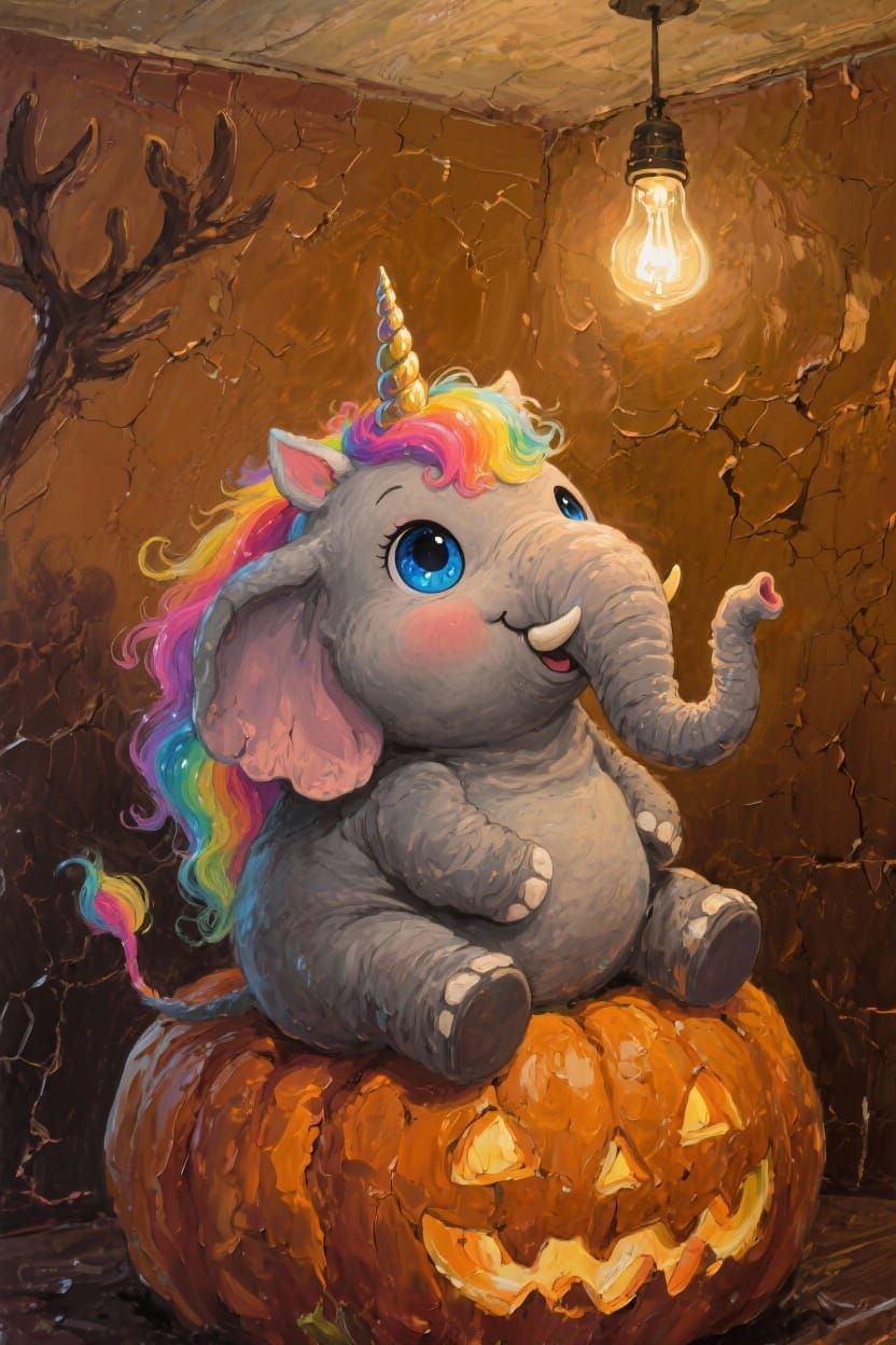 Chubby Elephant Unicorn in Impasto Painting Style