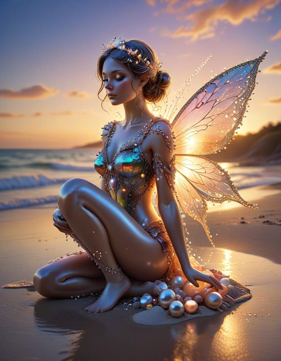 Luminous Pearl Fairy on Beach at Sunset