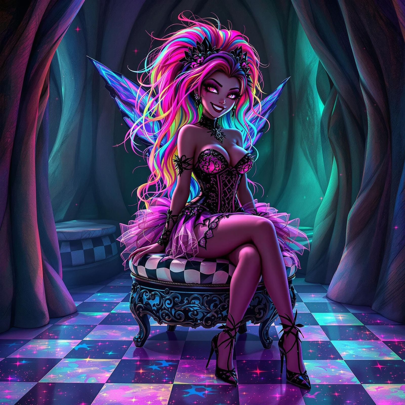 Dark Fairy Seated on Twisted Vine Stool in Whimsical Dreamli...
