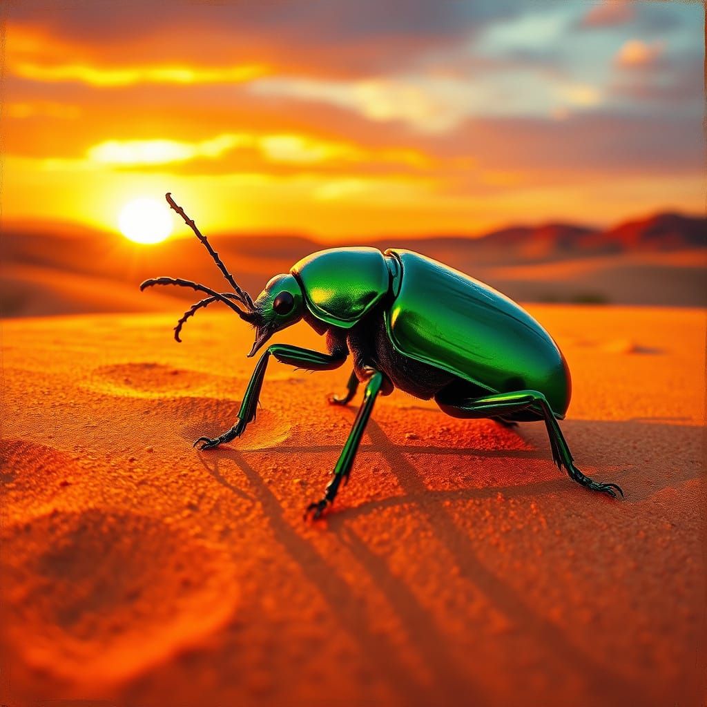 Vibrant Green Beetle in Desert Sunset Oil Painting