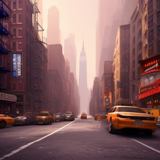 Detailed New York City Street in Matte Painting Style