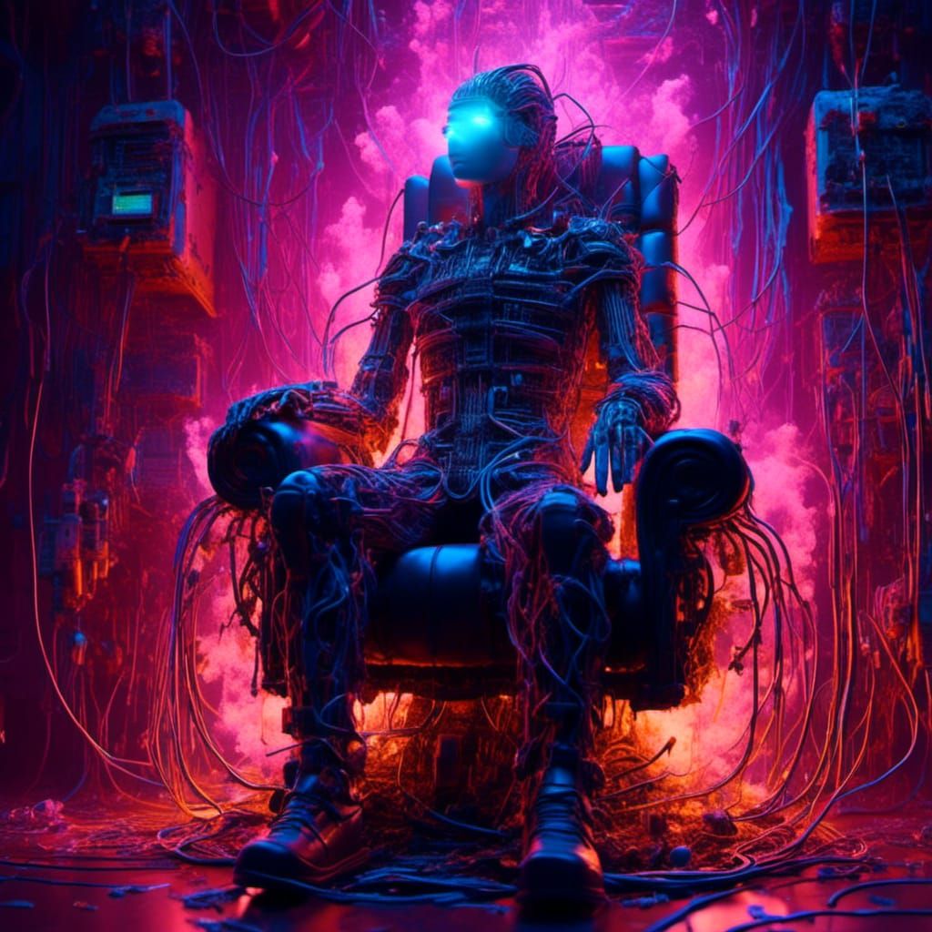 Neon Android on Cable Throne in Cyberpunk Style