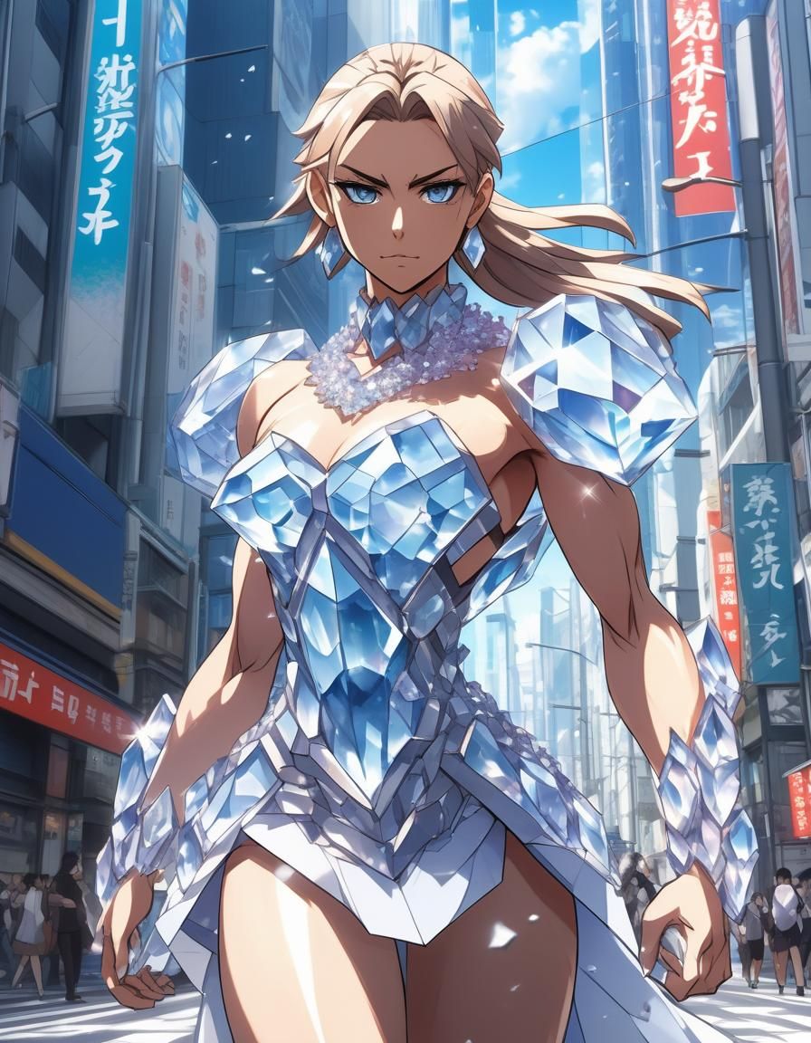 Crystalline Woman in Anime Cityscape