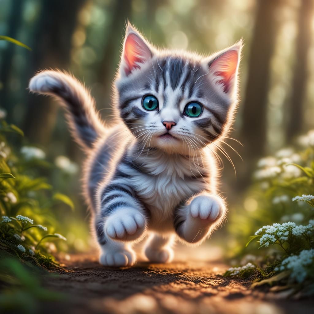 Enchanting Kitten in Forest, Macro Photography Style