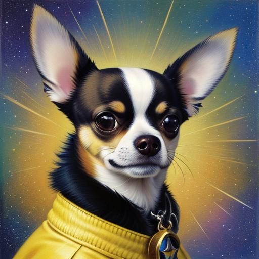 A chihuahua wearing a goldenrod celebratory stardust hairband