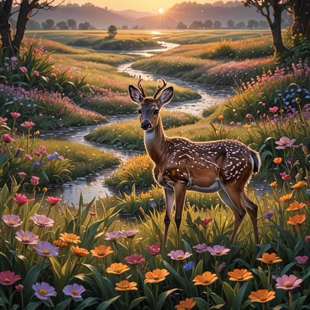 Camouflaged Bambi in Dawn Flower Field