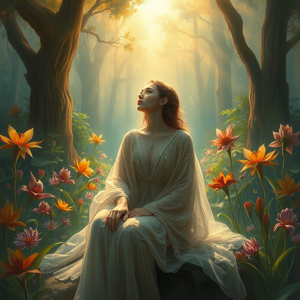 Dreamlike Scene with Contemplative Woman in Vibrant Garden