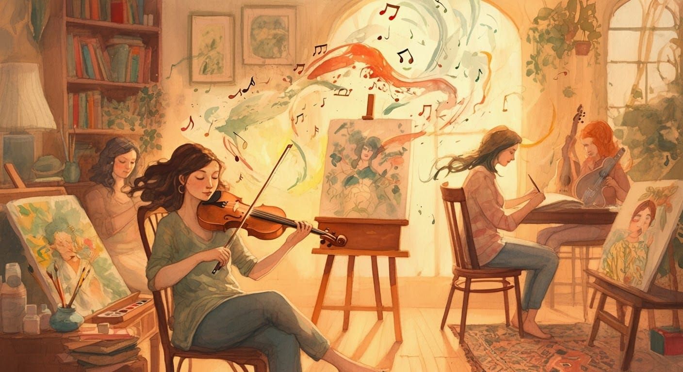 Women in Sunlit Studio Expressing Creativity