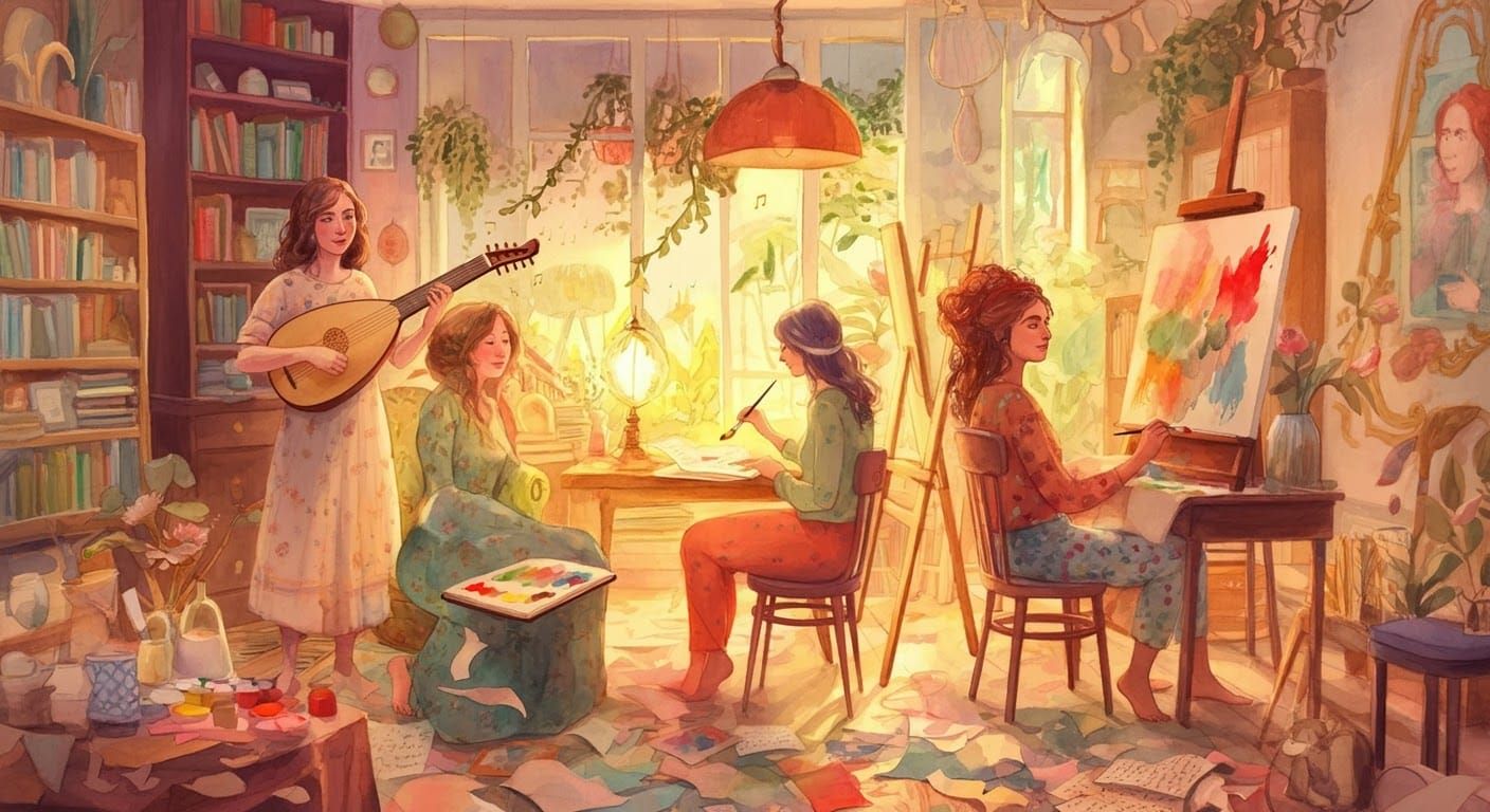 Creative Women in Sunlit Studio, Impressionistic Style