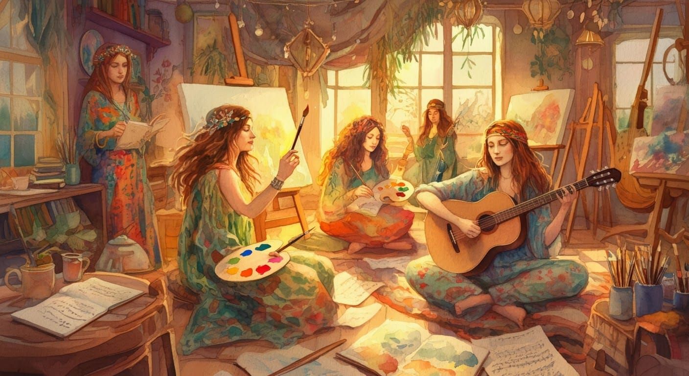 Women in Sunlit Studio as Watercolor Art