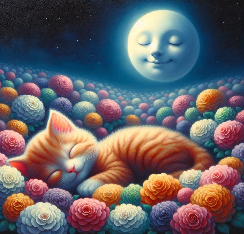 Whimsical Tabby Kitten Basks in Moonlit Serenity