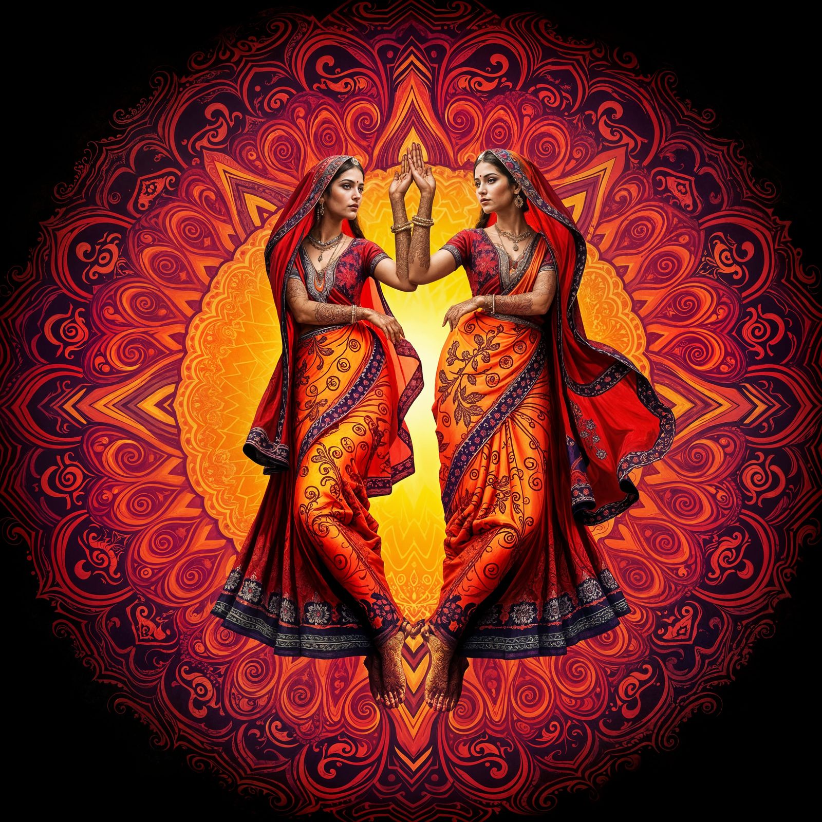 Abstract Sisters Dance in Cosmic Mandala